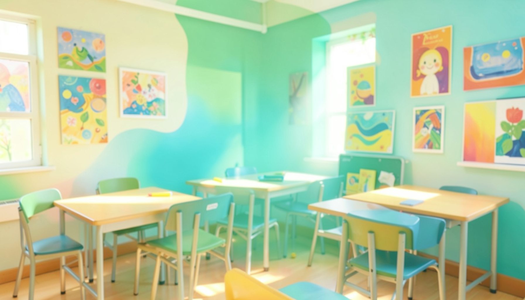A bright, cheerful classroom with colorful art on the walls and soft morning light, evoking warmth and nurturing care